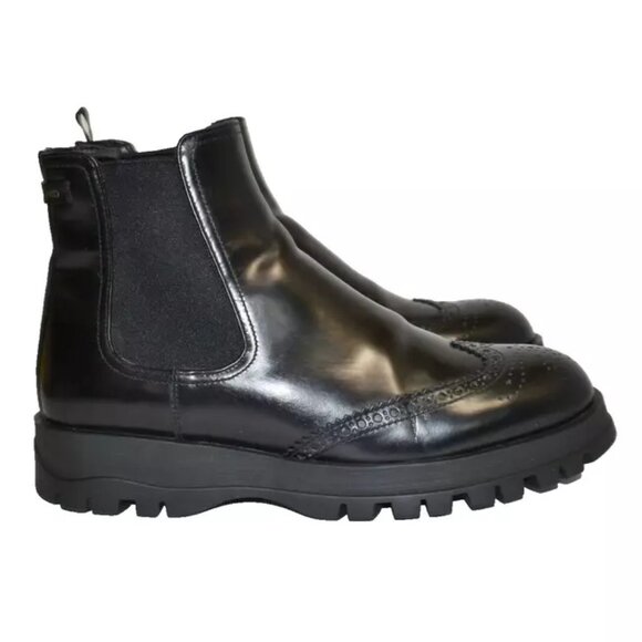 $900 PRADA Leather MOTO BROGUE Wing-Tip Chelsea Boots PLATFORM BLACK 41 (SE29) - Picture 2 of 8